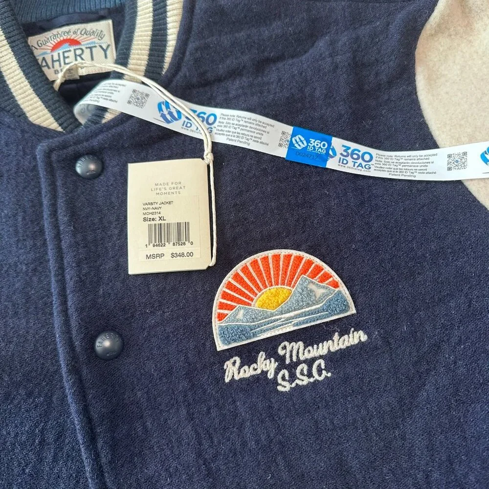 Faherty‎ Men's Wool-Blend Embroidered Throwback Varsity Jacket, Size XL, Navy